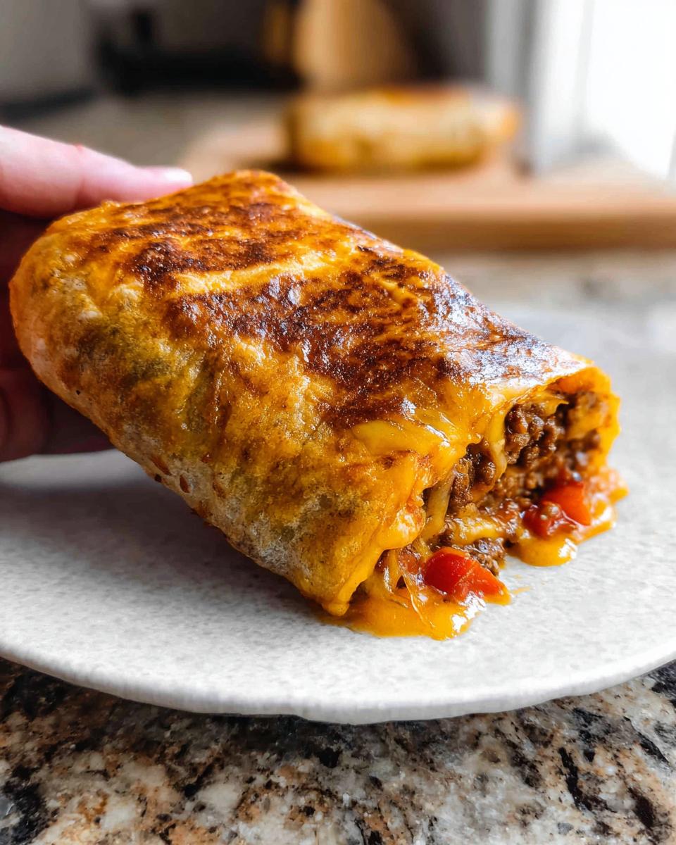 A hand holding a delicious grilled cheese burrito made easy, with melted cheese oozing out.