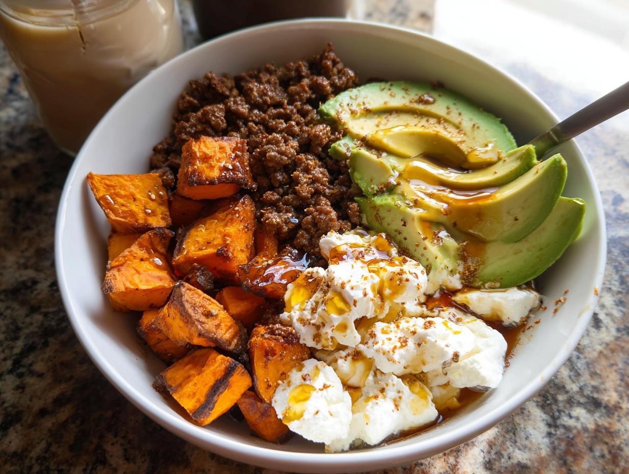 A delicious Ground Beef Hot Honey Bowl featuring seasoned ground beef, roasted sweet potato cubes, sliced avocado, and dollops of cheese drizzled with honey.