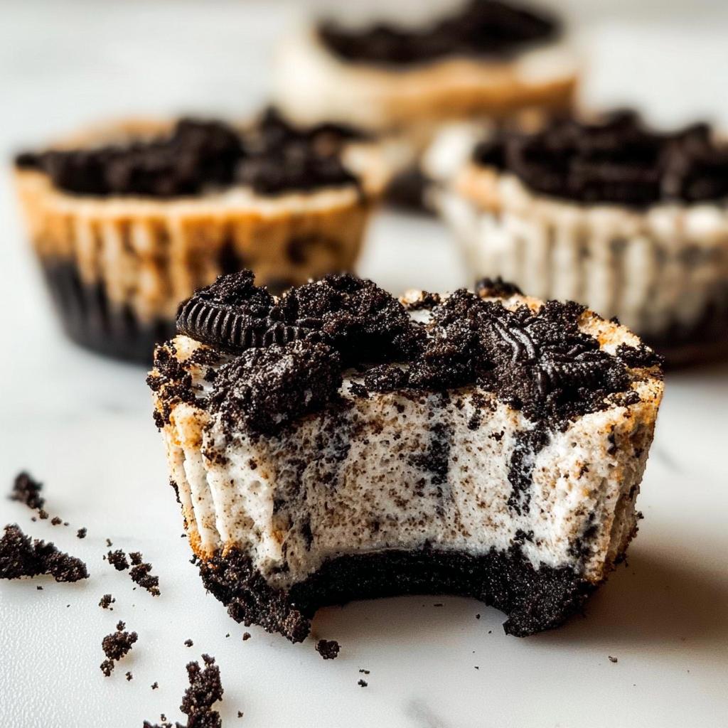 A close-up of a Healthy No-Bake Oreo Cheesecake Bite with a bite taken out, showing the creamy filling and Oreo crust.