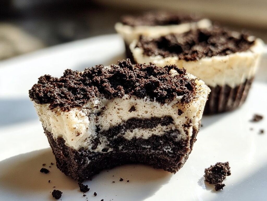 A close-up of a Healthy No-Bake Oreo Cheesecake Bite with a bite taken out, showing layers of chocolate and cream.