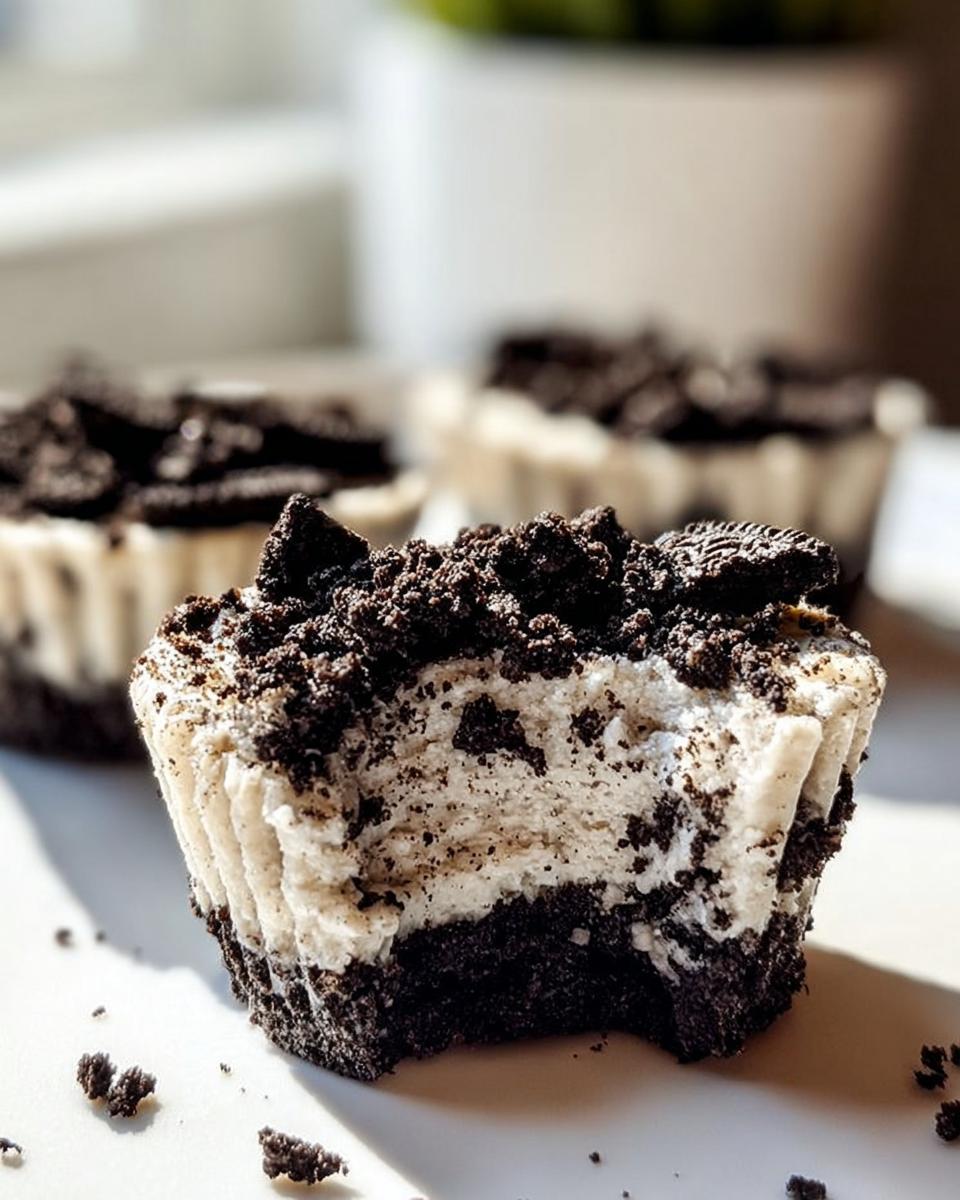 A close-up of a Healthy No-Bake Oreo Cheesecake Bite with a bite taken out, showing the creamy filling and cookie crust.