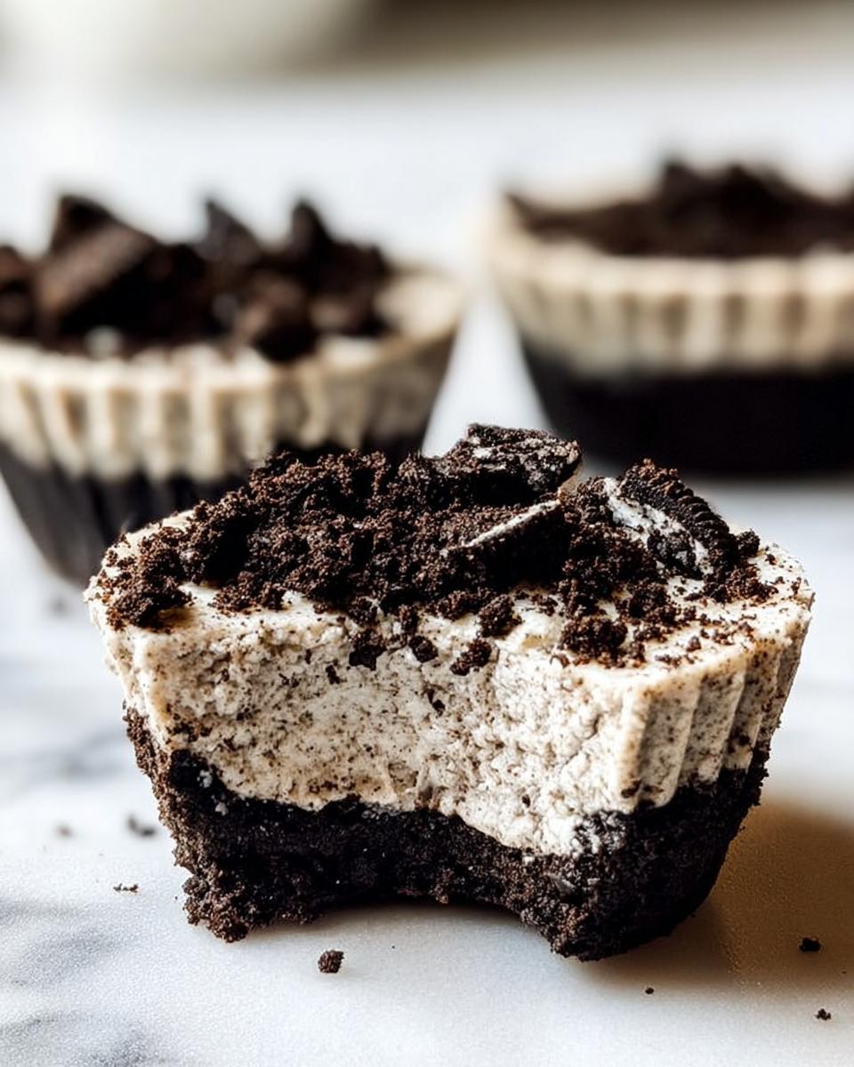 A close-up of a Healthy No-Bake Oreo Cheesecake Bite with a bite taken out, showing the creamy filling and Oreo crust.