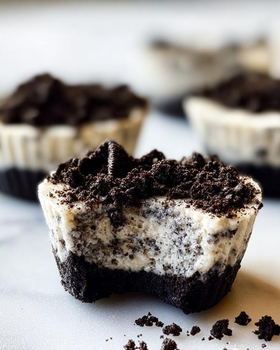 A close-up of a Healthy No-Bake Oreo Cheesecake Bite with a bite taken out, showing the creamy filling and crushed Oreo topping.