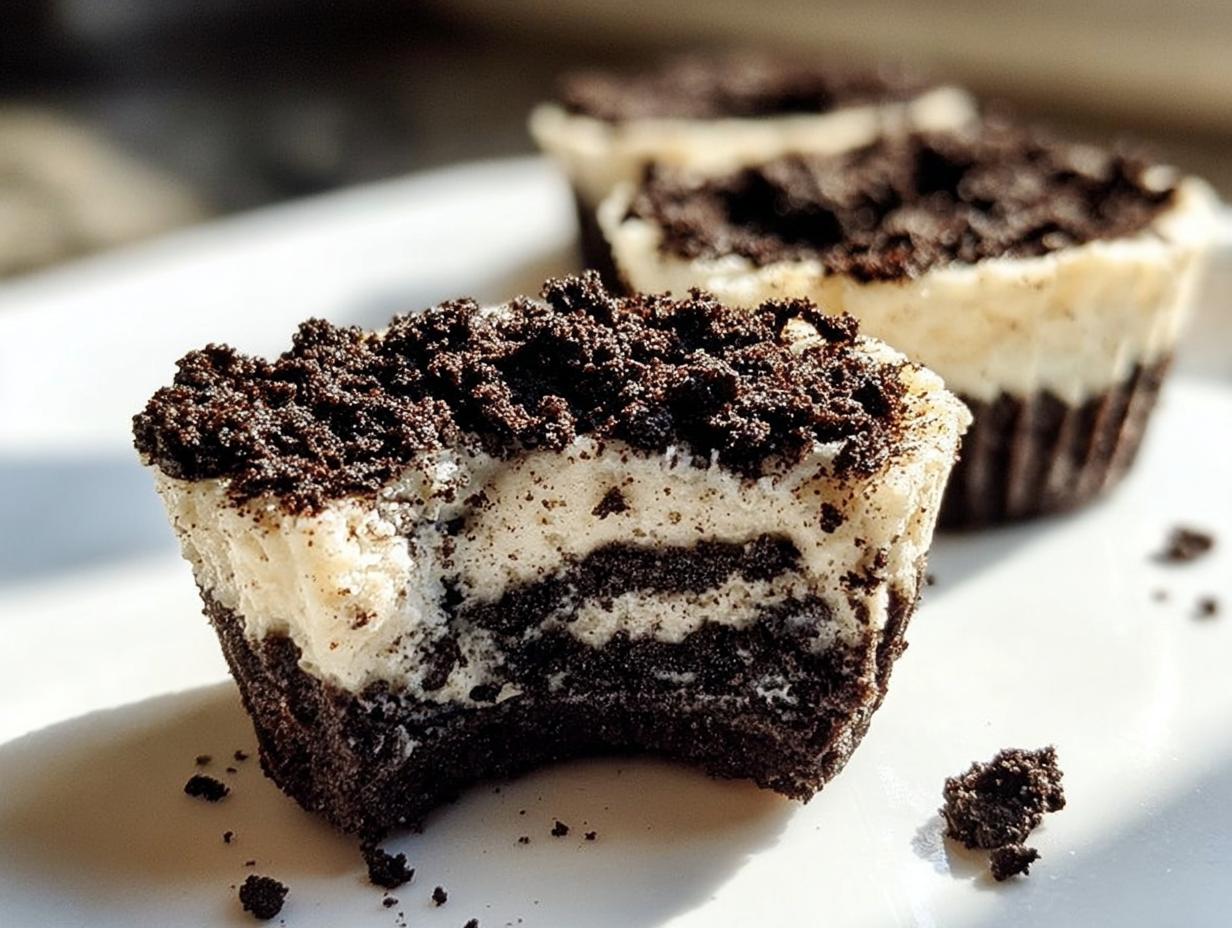 A close-up of a Healthy No-Bake Oreo Cheesecake Bite with a bite taken out, showing layers of chocolate and cream.