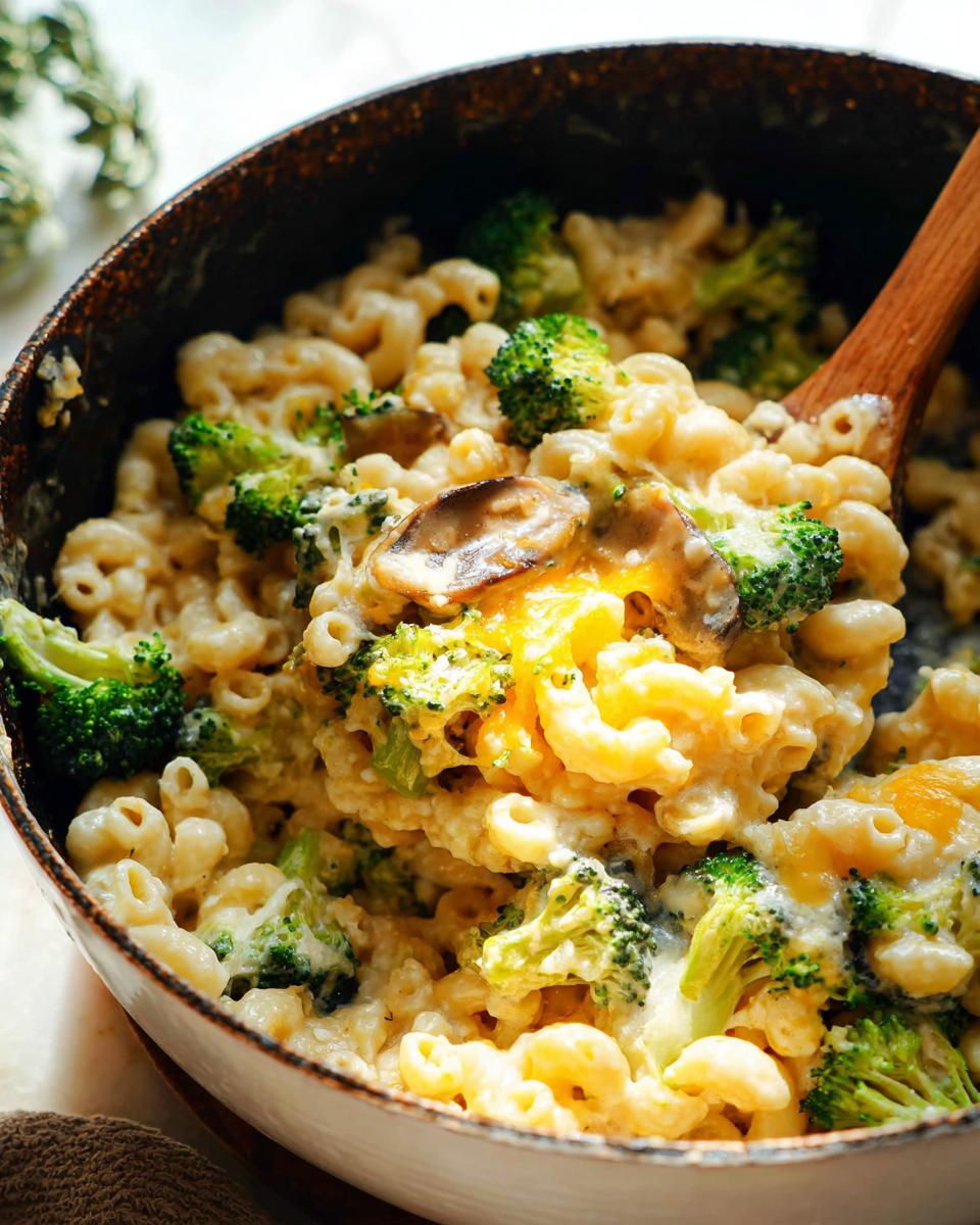A close-up of Healthy One Pot Broccoli Mac & Cheese in a pot, with a wooden spoon scooping some out.