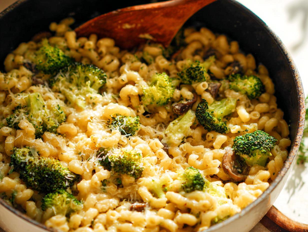 Close-up of Healthy One Pot Broccoli Mac & Cheese in a pan with a wooden spoon.