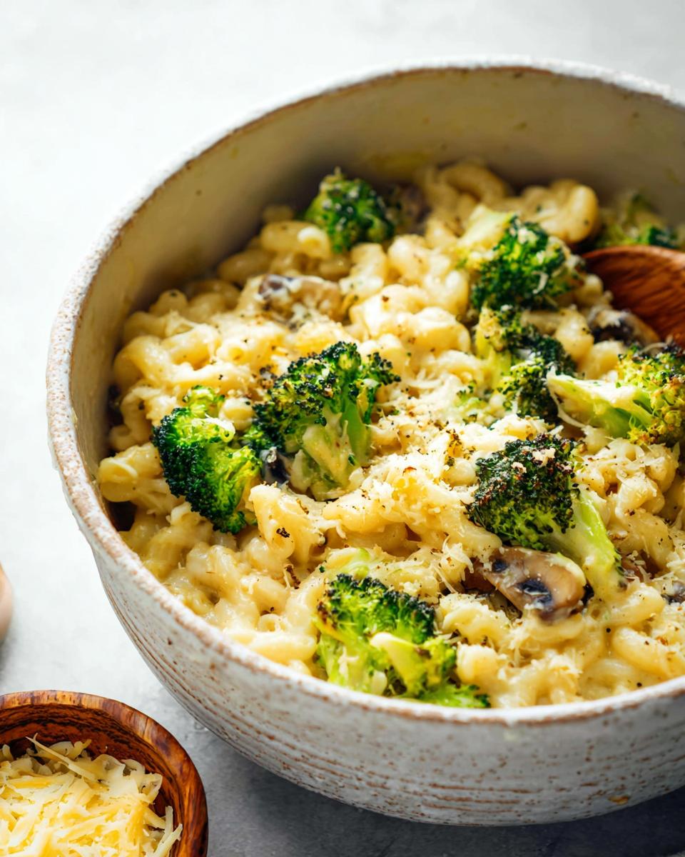 A bowl of Healthy One Pot Broccoli Mac & Cheese, topped with fresh broccoli florets and grated cheese.