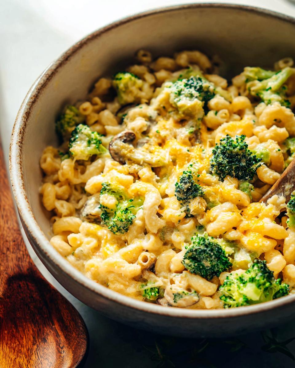 A bowl of Healthy One Pot Broccoli Mac & Cheese, showing creamy pasta, florets of broccoli, and melted cheese.