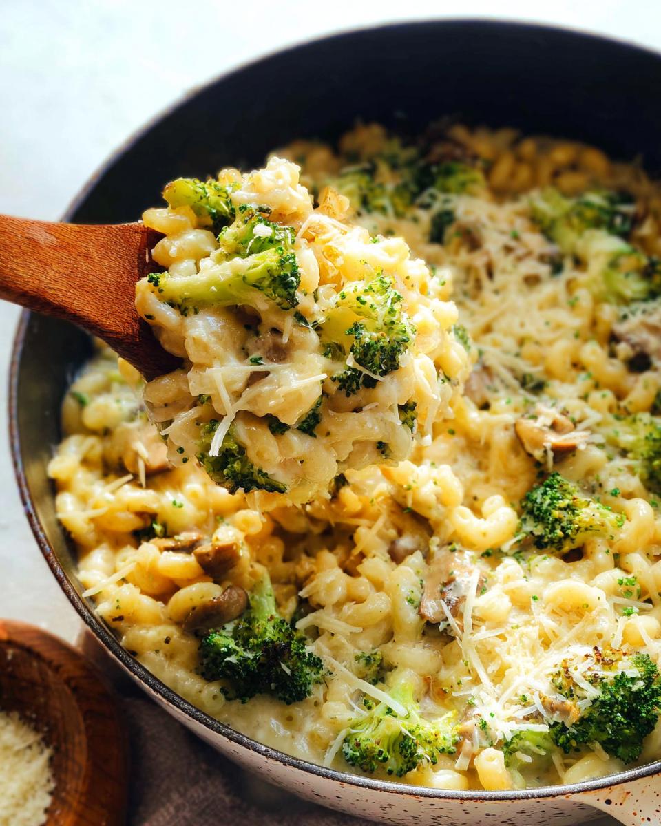 A spoonful of Healthy One Pot Broccoli Mac & Cheese, showing pasta, broccoli florets, and melted cheese.