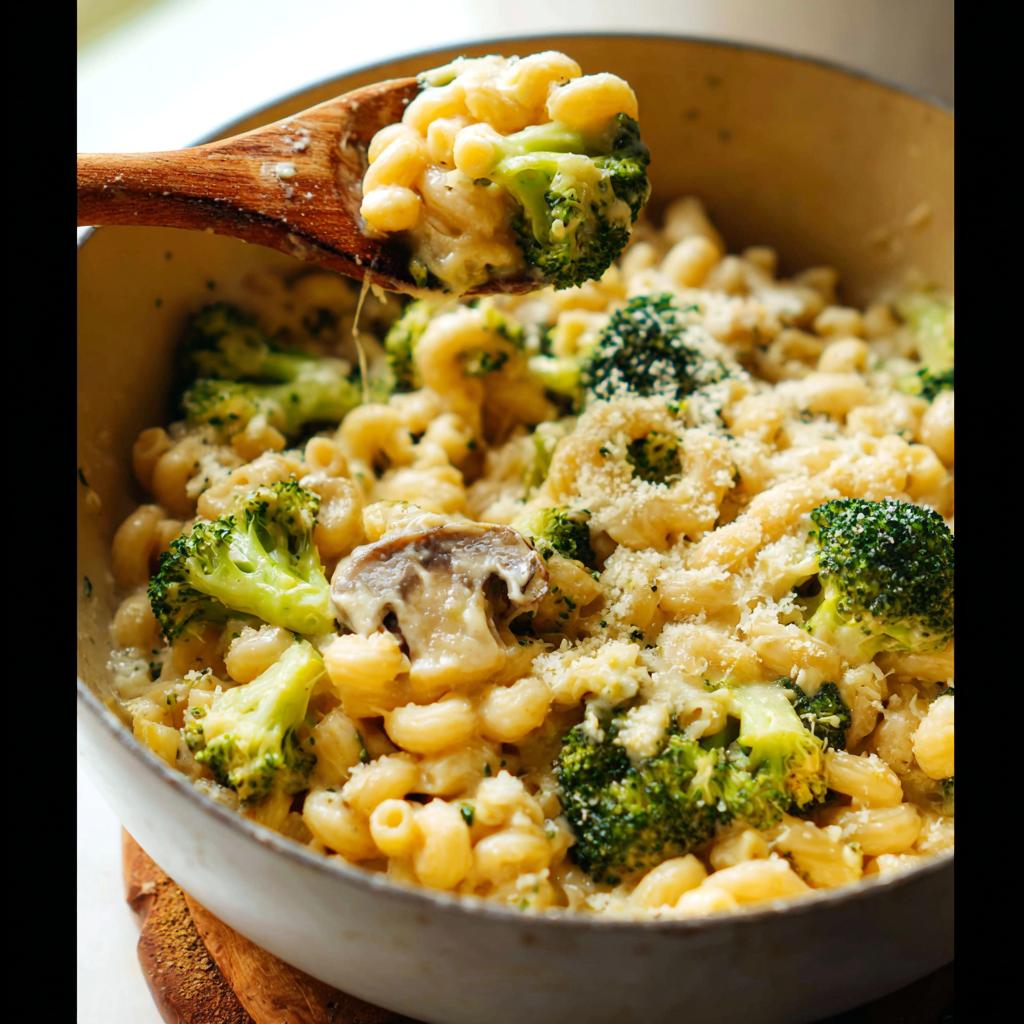 A spoonful of Healthy One Pot Broccoli Mac & Cheese, showing pasta, broccoli florets, and creamy cheese sauce.