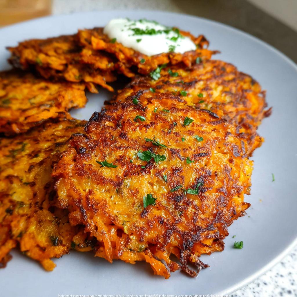 Close-up of golden brown, crispy Healthy Sweet Potato Hash Browns on a gray plate, garnished with parsley and a dollop of sour cream.