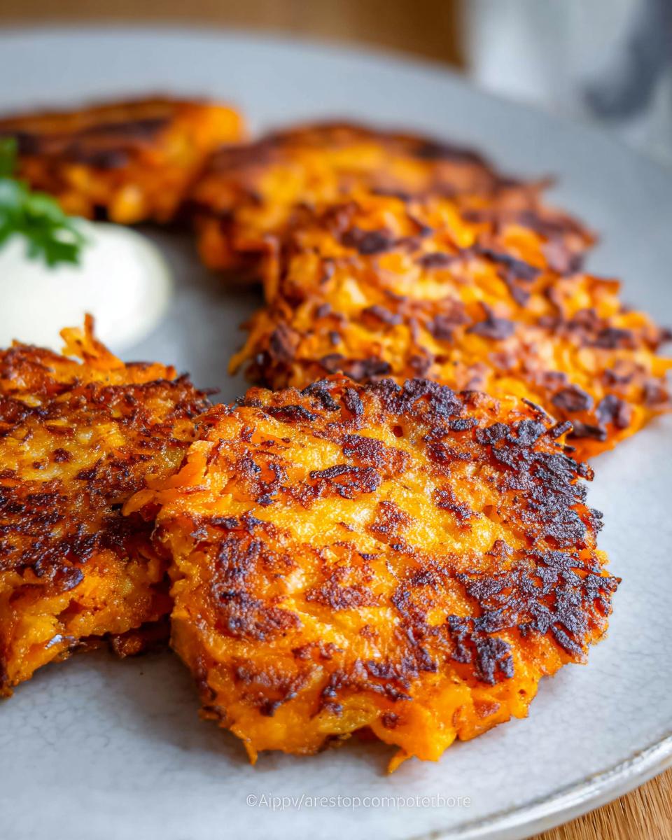 Close-up of crispy, golden-brown Healthy Sweet Potato Hash Browns on a plate with a dollop of sour cream and parsley.