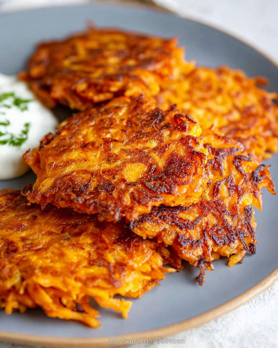 A close-up of golden-brown, crispy Healthy Sweet Potato Hash Browns on a gray plate with a dollop of sour cream and chives.