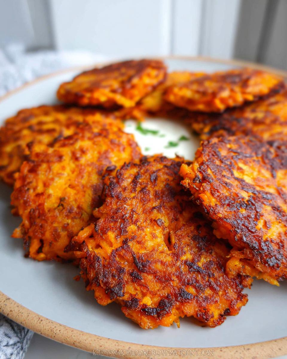 A close-up of golden-brown, crispy Healthy Sweet Potato Hash Browns served on a light gray plate with a dollop of white sauce and parsley.