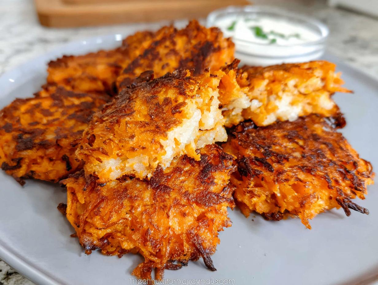 A plate of golden-brown, crispy Healthy Sweet Potato Hash Browns served with a side of dipping sauce.