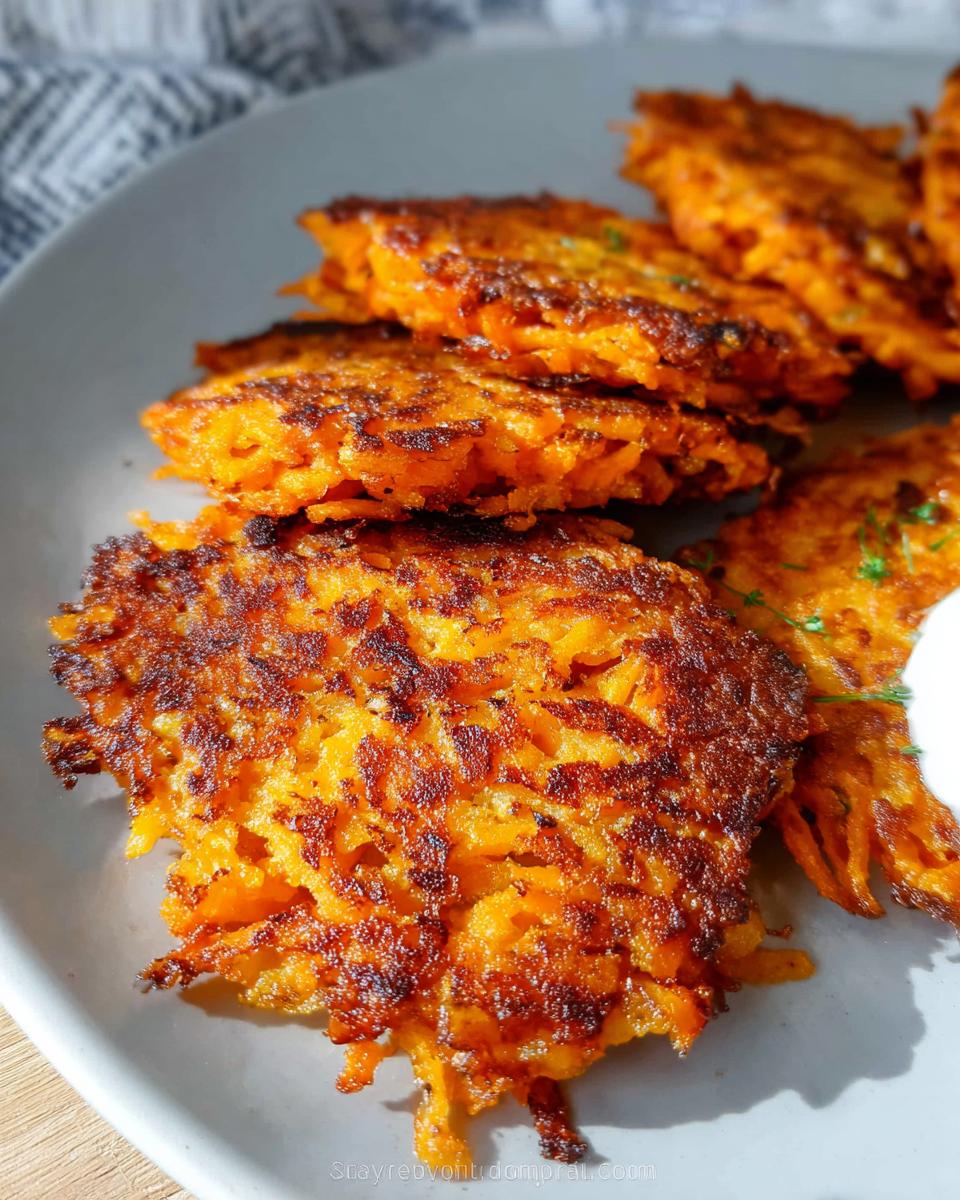Close-up of golden-brown, crispy Healthy Sweet Potato Hash Browns stacked on a plate.