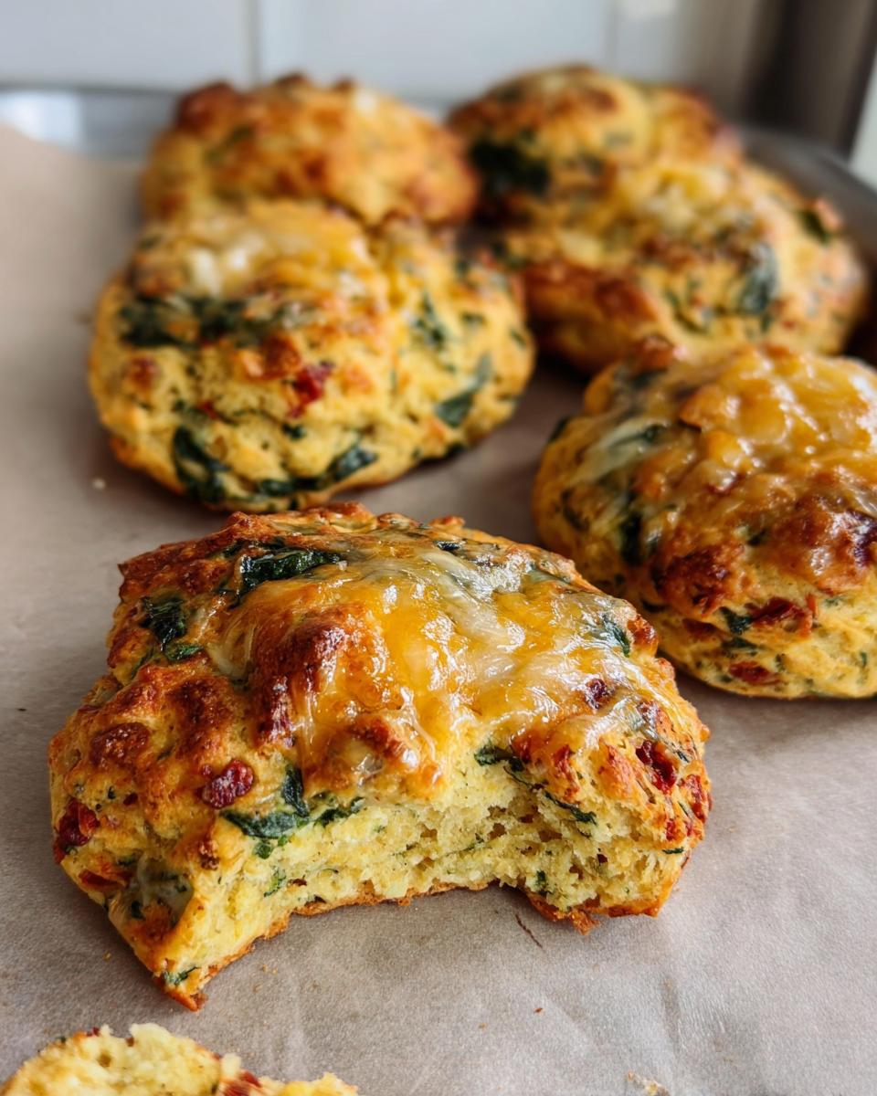 Close-up of a High Protein Breakfast Biscuit with melted cheese, spinach, and sun-dried tomatoes.