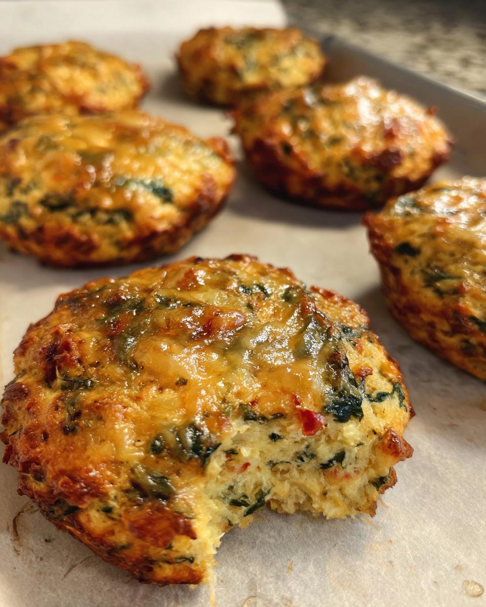 Close-up of a High Protein Breakfast Biscuit with a bite taken out, showing cheese and spinach.