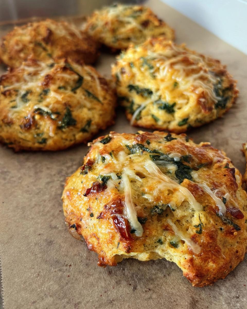 Close-up of golden-brown High Protein Breakfast Biscuits topped with melted cheese and visible herbs.