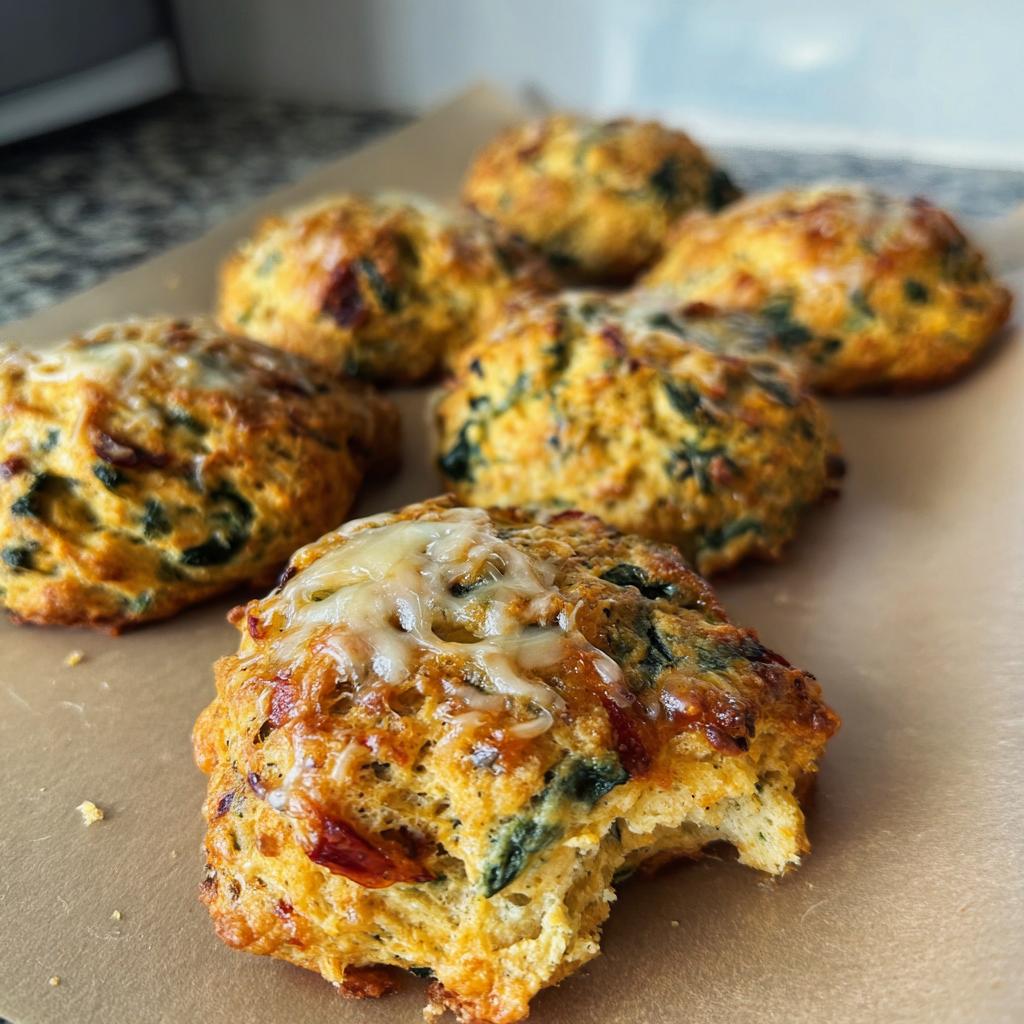 Close-up of golden-brown High Protein Breakfast Biscuits with visible spinach and cheese, one biscuit has a bite taken out.