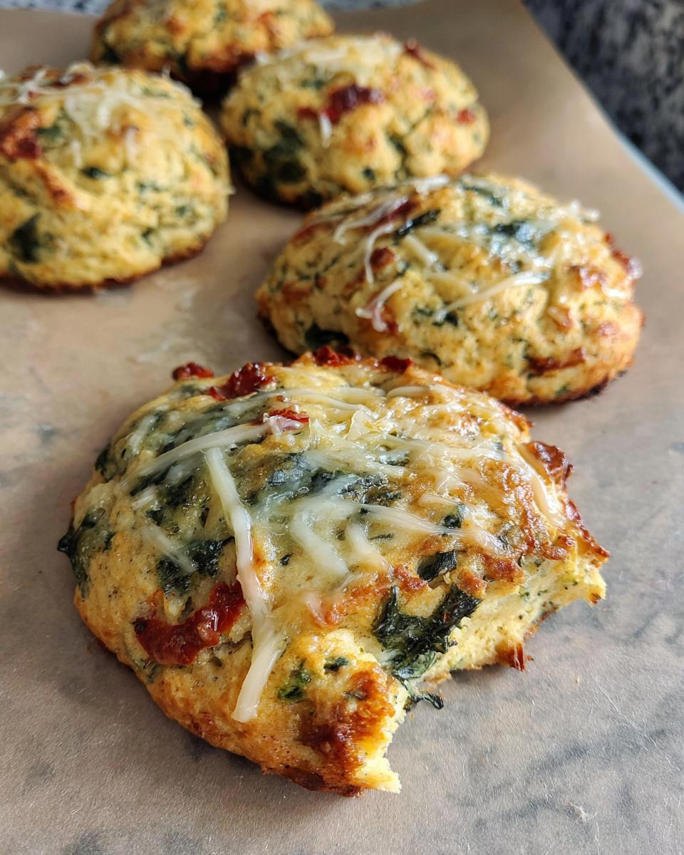 Close-up of a High Protein Breakfast Biscuit with spinach, sun-dried tomatoes, and melted cheese.