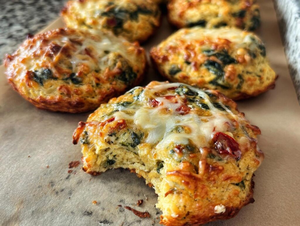 Close-up of a High Protein Breakfast Biscuit with melted cheese, spinach, and red bits, one biscuit has a bite taken out.