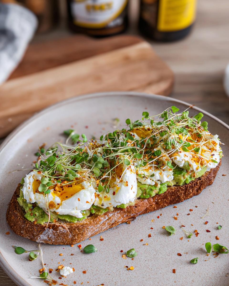 A slice of whole-wheat toast topped with mashed avocado, poached eggs, cottage cheese, and sprouts, seasoned with chili flakes.
