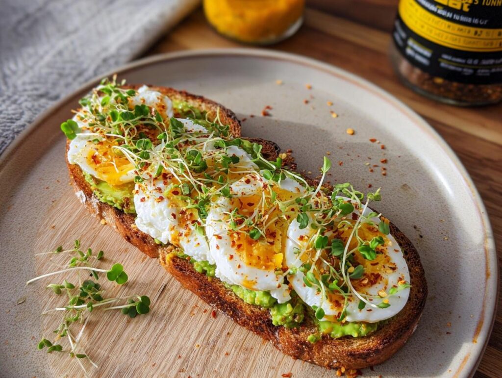 A high-protein breakfast toast topped with mashed avocado, poached eggs, and sprouts, sprinkled with chili flakes.
