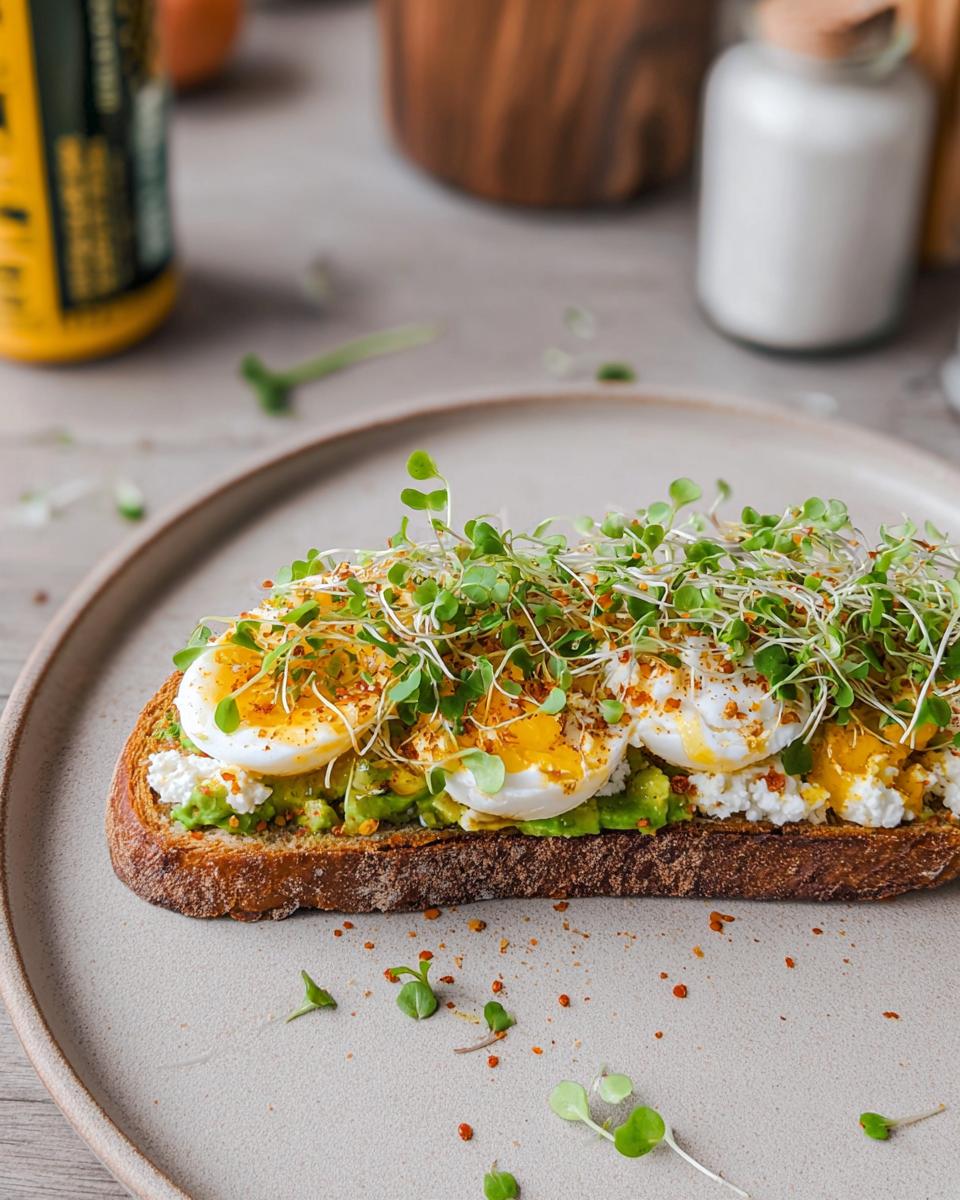 A slice of toast topped with mashed avocado, cottage cheese, poached eggs, and sprouts, a perfect high-protein breakfast.