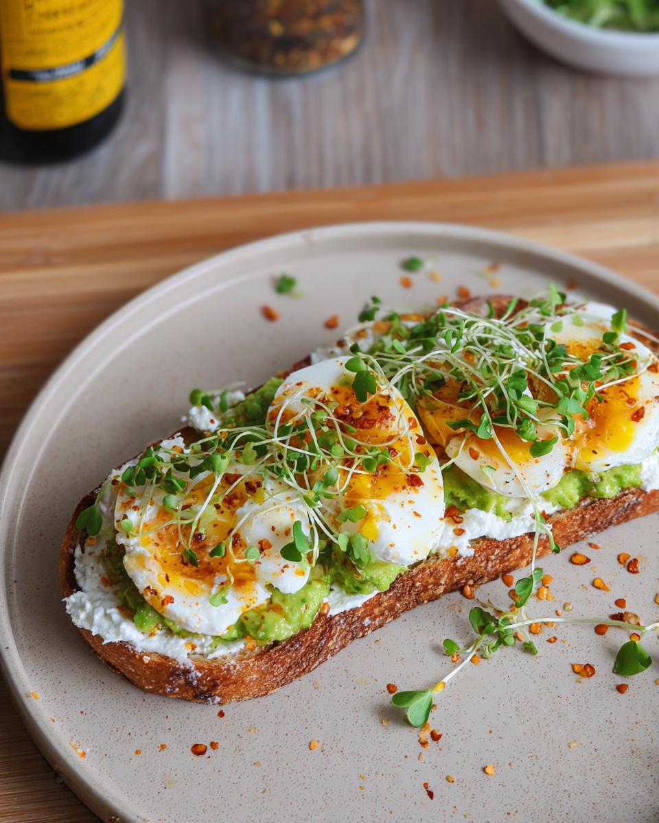 A slice of toast topped with cottage cheese, mashed avocado, poached eggs, and microgreens for a high-protein breakfast.