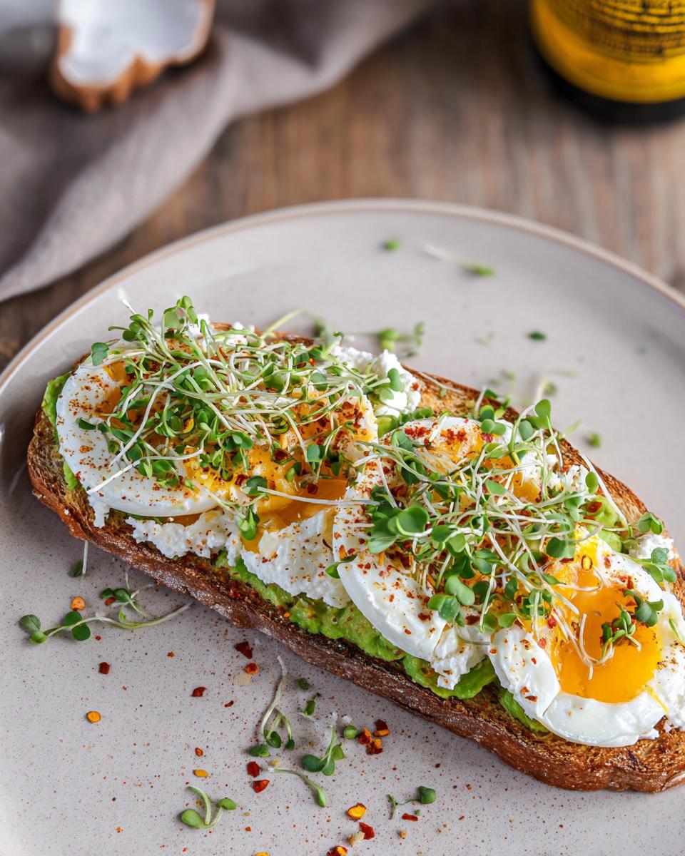 A high-protein breakfast wrap topped with mashed avocado, cottage cheese, poached eggs, and sprouts.