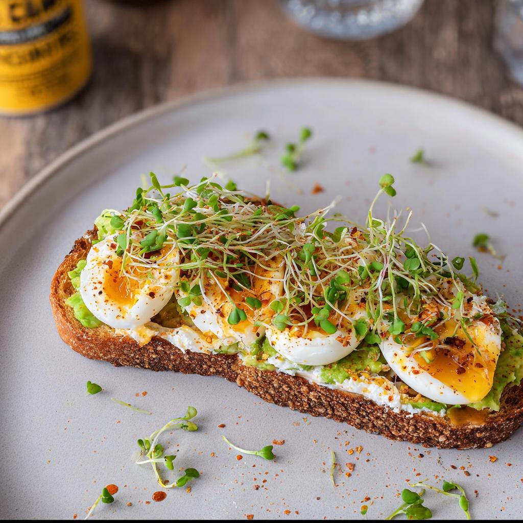A slice of toast topped with mashed avocado, cottage cheese, sliced hard-boiled eggs, and sprouts, a perfect high-protein breakfast wrap.