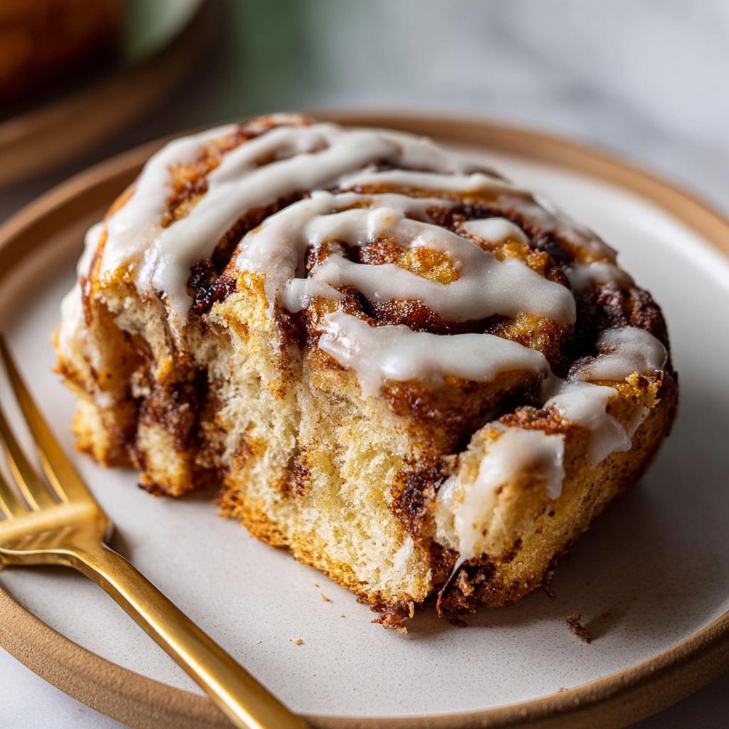 A close-up of a delicious slice of high-protein cinnamon roll bread, drizzled with white icing.