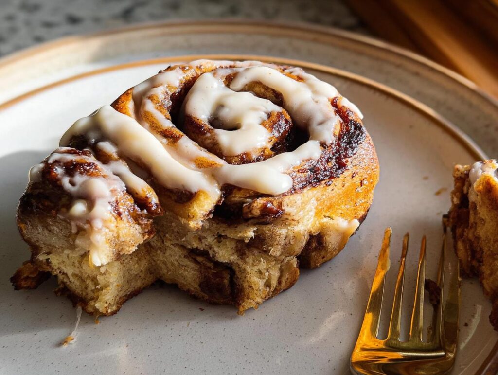A close-up of a high-protein cinnamon roll bread swirl, topped with white icing, on a plate with a fork.