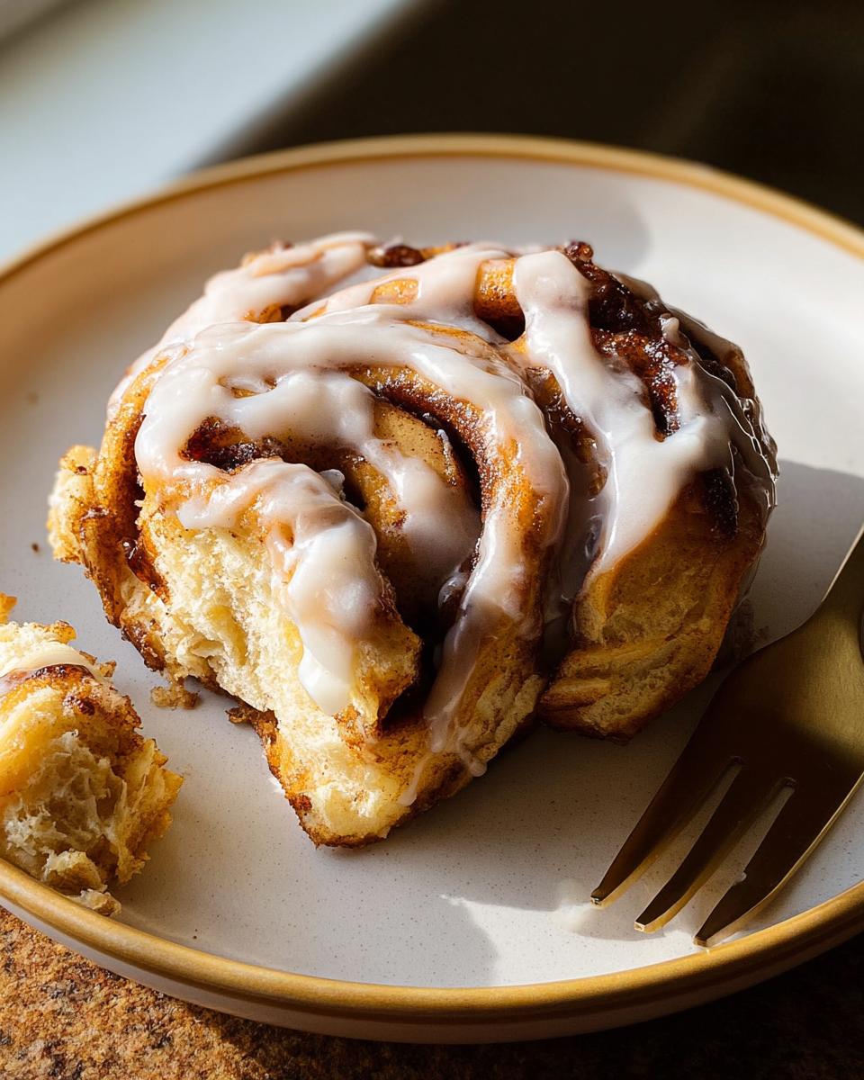 A close-up of a high-protein cinnamon roll bread swirl, drizzled with icing, on a plate with a golden fork.