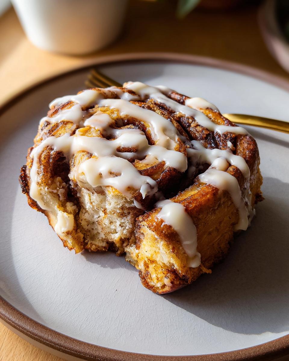 A close-up of a high-protein cinnamon roll bread made with cottage cheese, drizzled with icing.