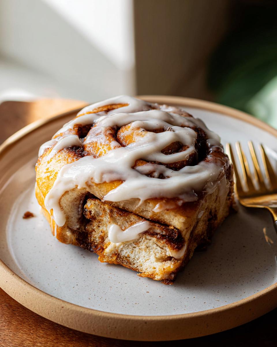 A close-up of a delicious High-Protein Cinnamon Roll Bread slice, drizzled with icing.