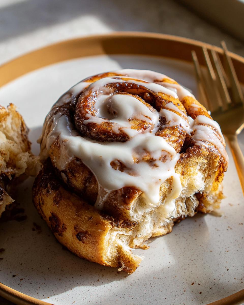 A close-up of a high-protein cinnamon roll bread swirl, generously topped with white icing, on a plate with a fork.