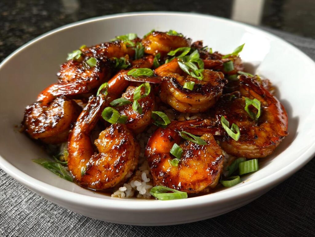 A close-up of a white bowl filled with fluffy rice topped with glistening High-Protein Honey Garlic Shrimp and chopped green onions.