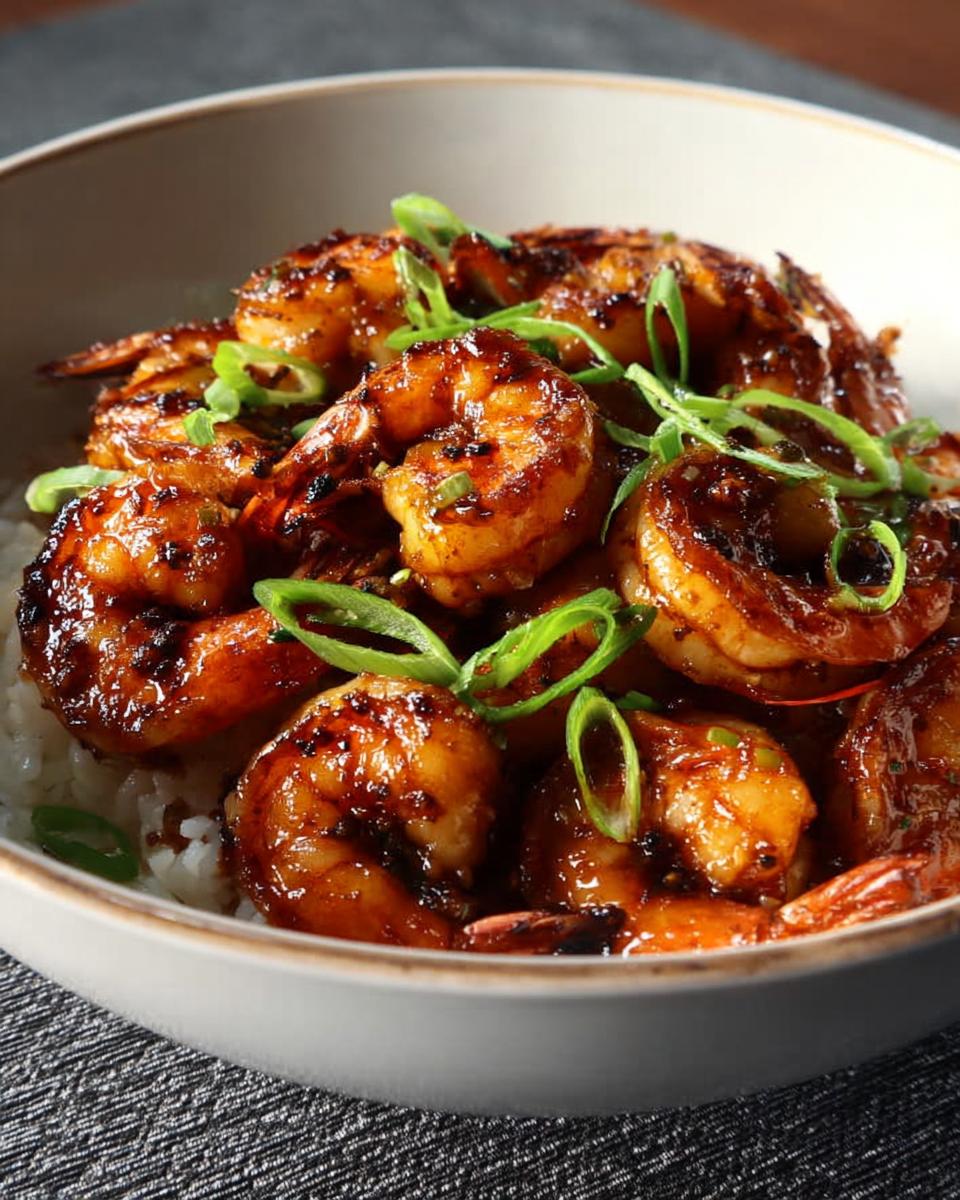 A close-up of a bowl filled with glistening High-Protein Honey Garlic Shrimp served over white rice and garnished with green onions.