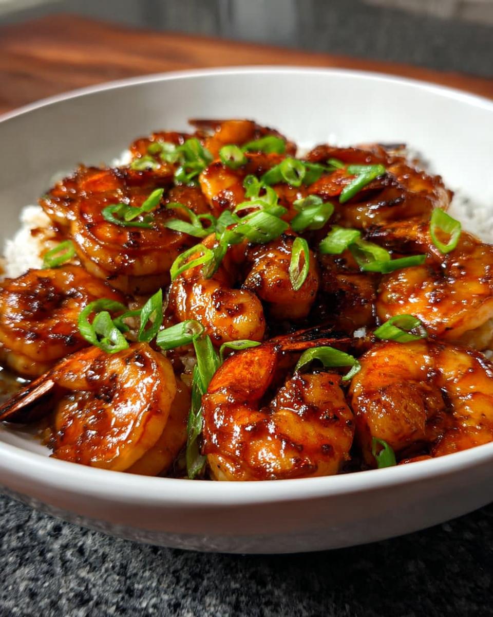 A close-up of a bowl filled with fluffy white rice topped with glistening High-Protein Honey Garlic Shrimp and chopped green onions.
