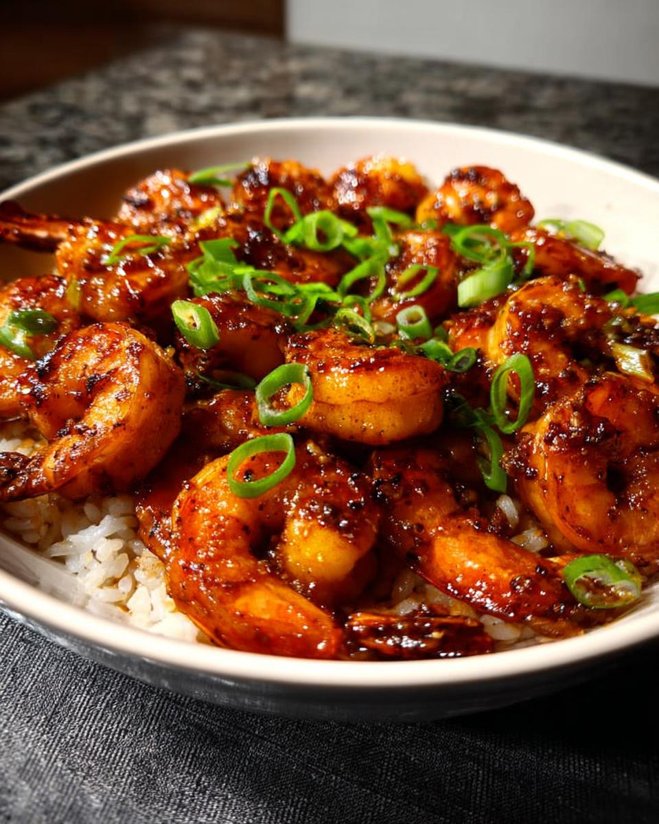 A close-up of glistening High-Protein Honey Garlic Shrimp served over white rice and garnished with chopped green onions.