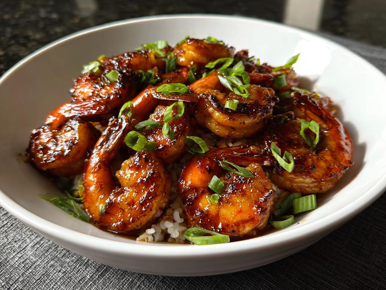 A close-up of a white bowl filled with fluffy rice topped with glistening High-Protein Honey Garlic Shrimp and chopped green onions.