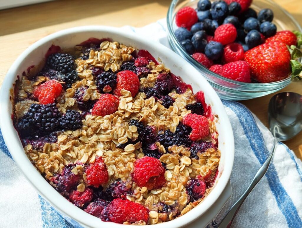 A close-up of a High Protein Triple Berry Bake in a white dish, topped with oats and fresh berries.
