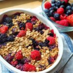 A close-up of a High Protein Triple Berry Bake in a white dish, topped with oats and fresh berries.