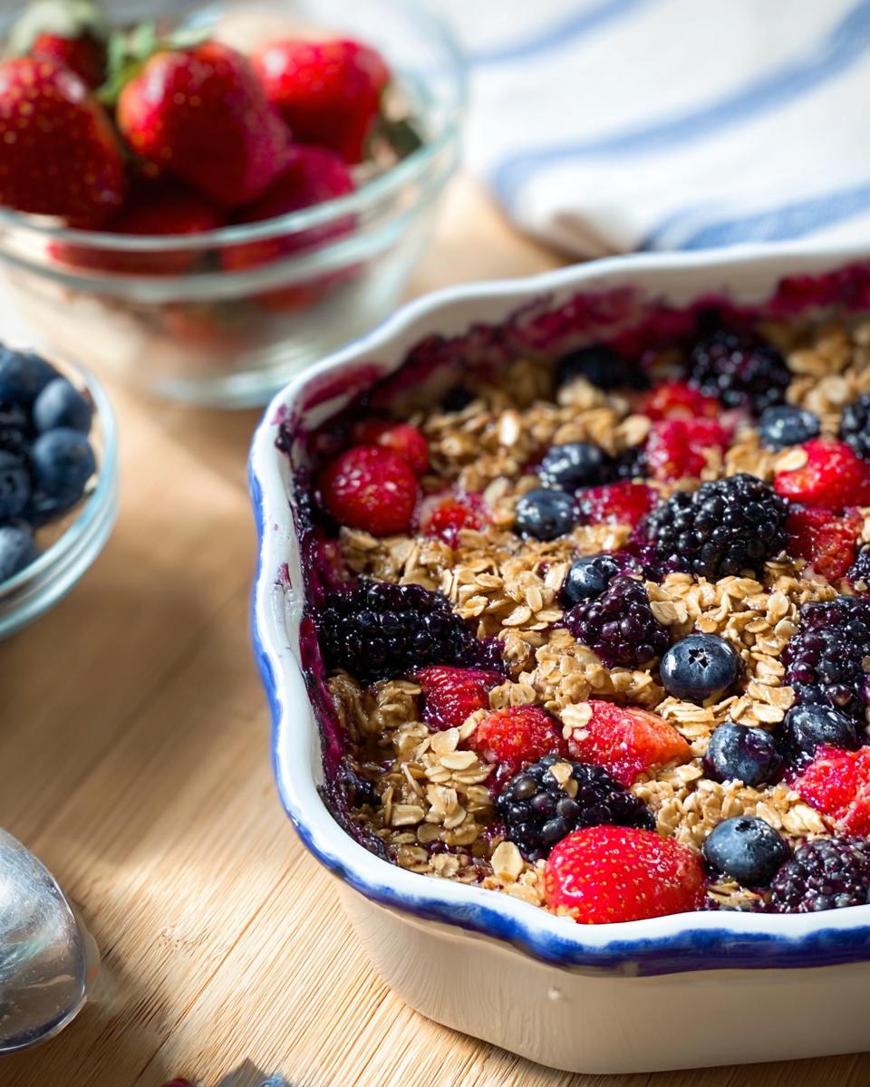 A close-up of a High Protein Triple Berry Bake in a white dish, topped with oats and fresh berries.
