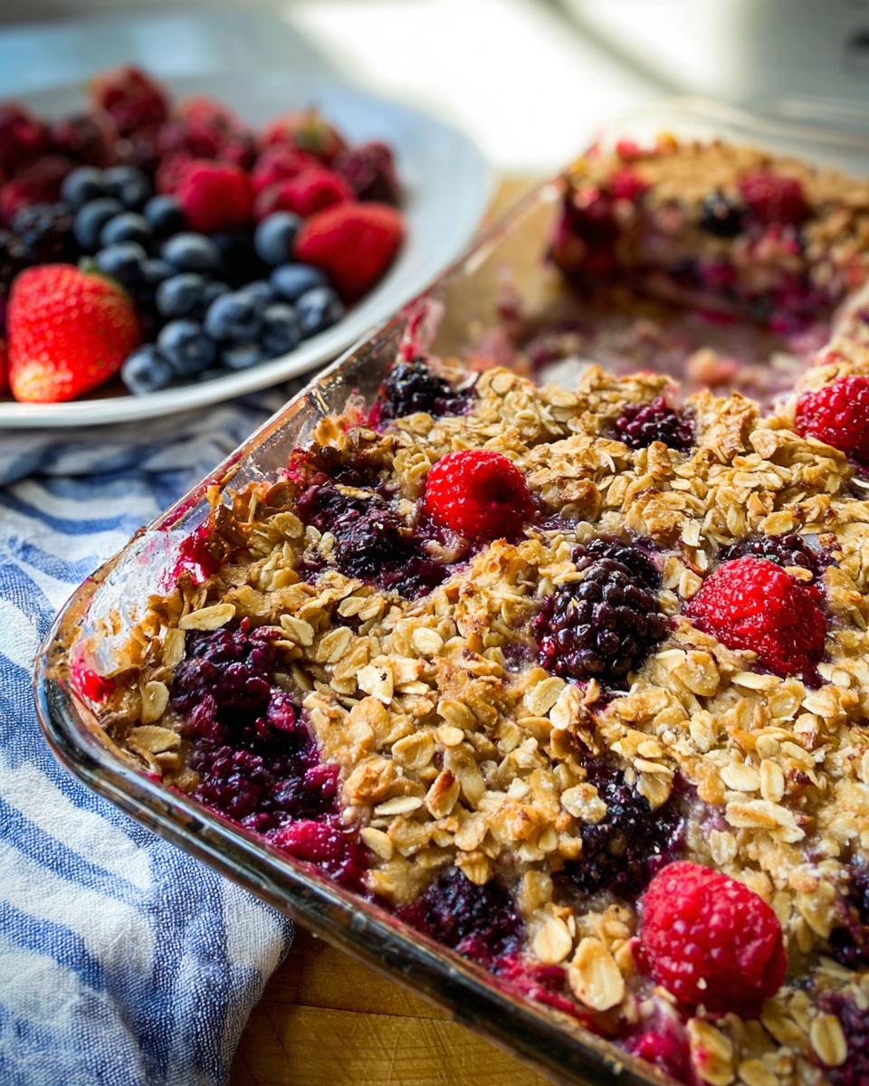 A close-up of a High Protein Triple Berry Bake in a glass dish, topped with oats and whole berries.