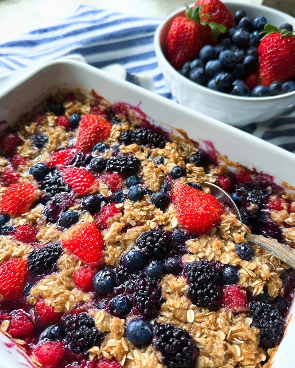 A close-up of a bubbly High Protein Triple Berry Bake with oats, strawberries, blueberries, and blackberries.