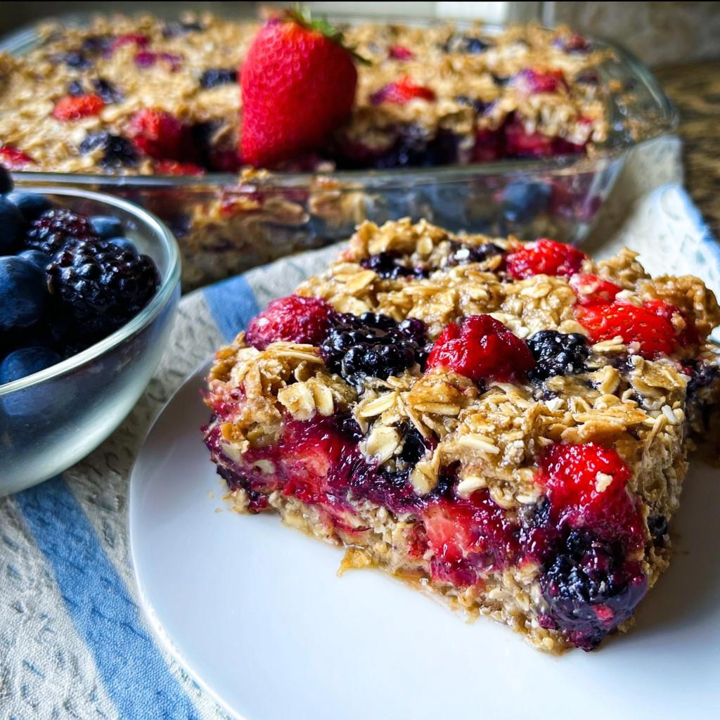 A delicious slice of High Protein Triple Berry Bake on a white plate, with a bowl of fresh berries and the rest of the bake in the background.