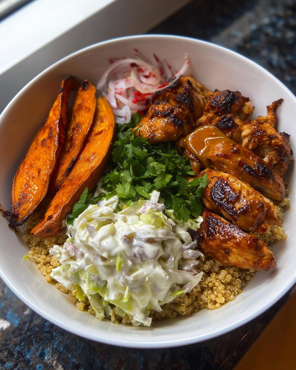 A vibrant Hot Honey Chicken Bowl featuring grilled chicken, roasted sweet potato wedges, quinoa, coleslaw, and pickled red onions.